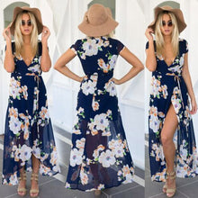 Style Bohemia Boho Women Dresses Sexy Deep V Neck Floral Printed Chiffon Open Fork Long Dress vestidos femininos IMY66