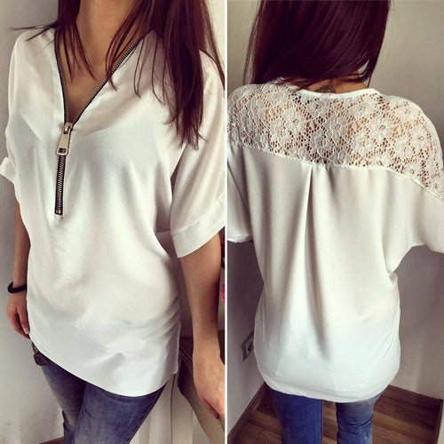 Style Sexy Women Blouse Lady Casual Short Sleeve V Neck Zipper Lace Chiffon Blouse Loose Top Shirt blusa feminino IMY66