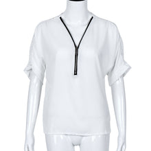 Style Sexy Women Blouse Lady Casual Short Sleeve V Neck Zipper Lace Chiffon Blouse Loose Top Shirt blusa feminino IMY66