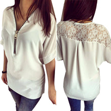 Style Sexy Women Blouse Lady Casual Short Sleeve V Neck Zipper Lace Chiffon Blouse Loose Top Shirt blusa feminino IMY66