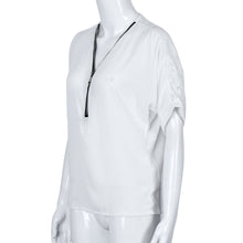 Style Sexy Women Blouse Lady Casual Short Sleeve V Neck Zipper Lace Chiffon Blouse Loose Top Shirt blusa feminino IMY66