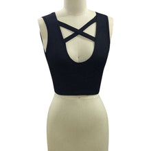 Style Sleeveless Cross Casual Women Tank Top Sexy Hollow Out Black Bustier Crop Tops Fitness Girls Cropped Camis IMY66