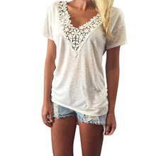 Style Women Casual T-Shirts Sexy V Neck Lace Crochet Vest Top Short Sleeve Tops T-Shirt tee shirt femme IMY66