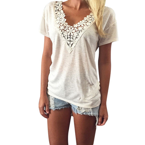 Style Women Casual T-Shirts Sexy V Neck Lace Crochet Vest Top Short Sleeve Tops T-Shirt tee shirt femme IMY66