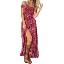 Style Women Long Dress Boho Flower Print Sexy Off Shoulder Beach Dress Open Fork Maxi Dress vestidos femininos IMY66