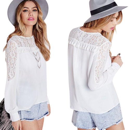 Style Women Long Sleeve Chiffon Blouse Lace White Women Blouses Tops Loose Casual Tops Shirt blusa IMY66
