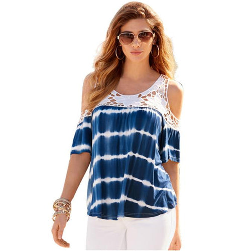 Style Women Sexy Blouses Off Shoulder Print Short Sleeve Lace Strapless Loose Beach Blouse Tops Shirt IMY66