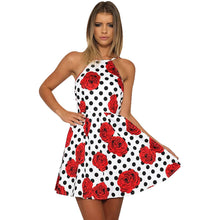 Style Women Sexy Dress Halterneck Sleeveless High Waist Backless Polka Dot Rose Floral Mini Dress IMY66