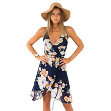 Style Women Sexy Dresses Bohemia Floral Printed Chiffon Open Fork Condole Belt Beach Dress vestidos IMY66