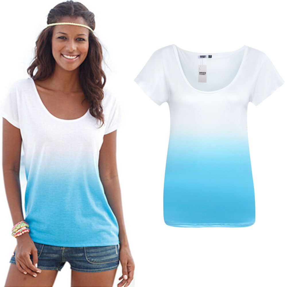 Style Women's T-shirt Casual Gradient Color O-neck Short Sleeve Shirt Loose Tee Shirt Female blusa Tops Camiseta IMY66