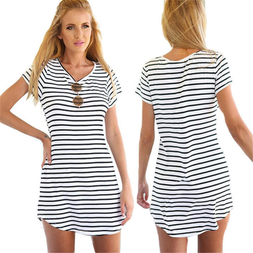 T-shirt Dress Black and White Striped Dress Women Lady Round Neck Short Sleeve Retro Straight Mini Dress Vestidos IMY66
