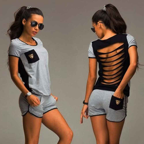 T-Shirt Women Sexy Hollow Tiger Head Pockets T-shirt Casual 2 Piece Set Tee+Shorts Female Tracksuit IMY66