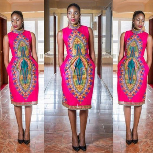 Women African Print Dress Elegant Casual Straight Print Kaftan Sleeveless Dress vestidos femininos IMY66