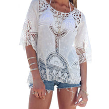 Women Blouses Sexy Lace Crochet Hollow Blusa Feminina Boho Casual Beach Bikini Cover Up Blouses Shirt Tops IMY66