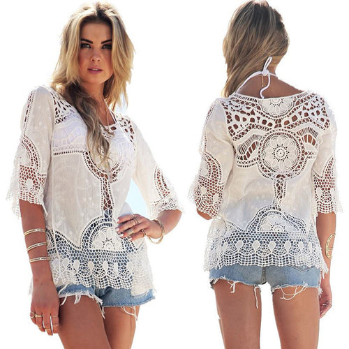 Women Blouses Sexy Lace Crochet Hollow Blusa Feminina Boho Casual Beach Bikini Cover Up Blouses Shirt Tops IMY66