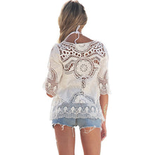 Women Blouses Sexy Lace Crochet Hollow Blusa Feminina Boho Casual Beach Bikini Cover Up Blouses Shirt Tops IMY66