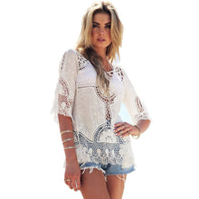 Women Blouses Sexy Lace Crochet Hollow Blusa Feminina Boho Casual Beach Bikini Cover Up Blouses Shirt Tops IMY66