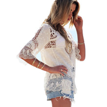 Women Blouses Sexy Lace Crochet Hollow Blusa Feminina Boho Casual Beach Bikini Cover Up Blouses Shirt Tops IMY66
