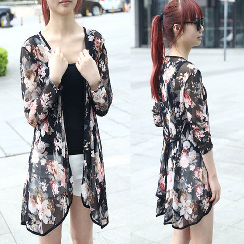 Women Casual Chiffon Blouse Stripe Floral Printed Gauze Blouses Kimono Cardigan Coat Jacket Cover up IMY66