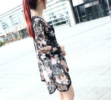 Women Casual Chiffon Blouse Stripe Floral Printed Gauze Blouses Kimono Cardigan Coat Jacket Cover up IMY66