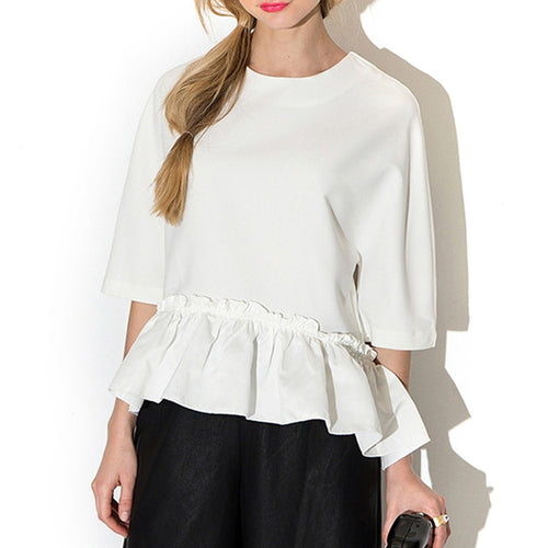Women Casual Chiffon Blouse Round Neck Half Sleeves Ruffles Hem White Tops Blouse Shirts blusas femininas IMY66