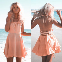 Women Chiffon Dress Sexy Strap Sleeveless Backless Cross Bandage Party Beach Mini Dress vestidos femininos IMY66