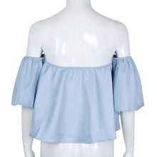 Women Crop Tops Blouse Casual Sexy Off Shoulder Flare Sleeve Ruffles Strapless Tops Blusas Feminino IMY66