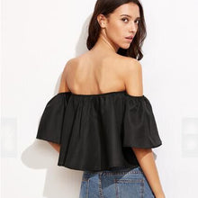 Women Crop Tops Blouse Casual Sexy Off Shoulder Flare Sleeve Ruffles Strapless Tops Blusas Feminino IMY66