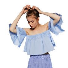 Women Crop Tops Blouse Casual Sexy Off Shoulder Flare Sleeve Ruffles Strapless Tops Blusas Feminino IMY66