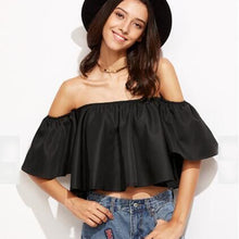 Women Crop Tops Blouse Casual Sexy Off Shoulder Flare Sleeve Ruffles Strapless Tops Blusas Feminino IMY66