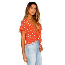 Women Dot Print Chiffon Blouse Crop Tops V Neck Sexy Tie Short Sleeve Blouse Shirt Blusas feminina IMY66