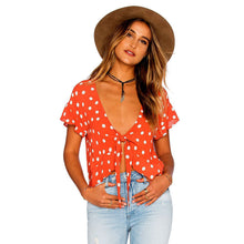Women Dot Print Chiffon Blouse Crop Tops V Neck Sexy Tie Short Sleeve Blouse Shirt Blusas feminina IMY66