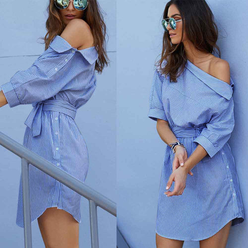 Women Dress Sexy Half Sleeve Striped Off Shoulder Casual Tie WaisT-Shirt Dress Vestidos femininos IMY66