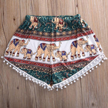 Women High Waist Shorts Boho Elastic Waist Tassels Elephant Print Beach Casual Mini Shorts Feminino IMY66