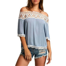 Women Lace Off Shoulder Blouse Shirt Casual Hollow Short Sleeve Tops Blouses Blusas feminina Womens Clothing IMY66
