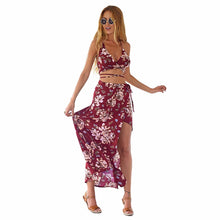 Women Maxi Dress Bohemian Sexy Spaghetti Strap Cut Out Hollow Print Open Fork Beach Dress vestidos IMY66