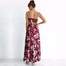 Women Maxi Dress Bohemian Sexy Spaghetti Strap Cut Out Hollow Print Open Fork Beach Dress vestidos IMY66