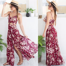 Women Maxi Dress Bohemian Sexy Spaghetti Strap Cut Out Hollow Print Open Fork Beach Dress vestidos IMY66