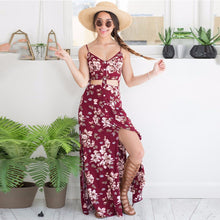 Women Maxi Dress Bohemian Sexy Spaghetti Strap Cut Out Hollow Print Open Fork Beach Dress vestidos IMY66