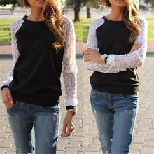 Women Lady Casual Round Neck Sexy Patchwork Lace Long Sleeve Sweatshirt Blouse Tops Blusas y Camisas Mujer IMY66