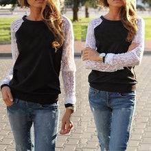 Women Lady Casual Round Neck Sexy Patchwork Lace Long Sleeve Sweatshirt Blouse Tops Blusas y Camisas Mujer IMY66