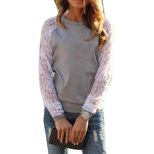 Women Lady Casual Round Neck Sexy Patchwork Lace Long Sleeve Sweatshirt Blouse Tops Blusas y Camisas Mujer IMY66