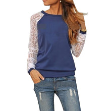 Women Lady Casual Round Neck Sexy Patchwork Lace Long Sleeve Sweatshirt Blouse Tops Blusas y Camisas Mujer IMY66