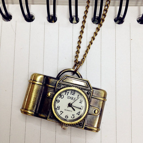 Unisex Antique Bronze Camera Pendant Pocket Watch Necklace IMY66