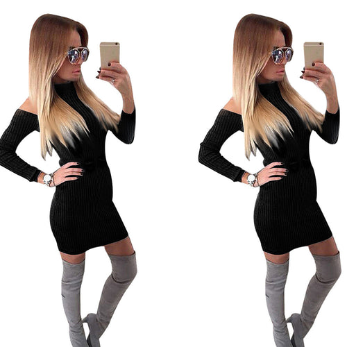 Vestidos Feminino Women Sexy Club Dress Off Shoulder Strapless Long Sleeve Knitted Sweater Jumper Mini Dress IMY66