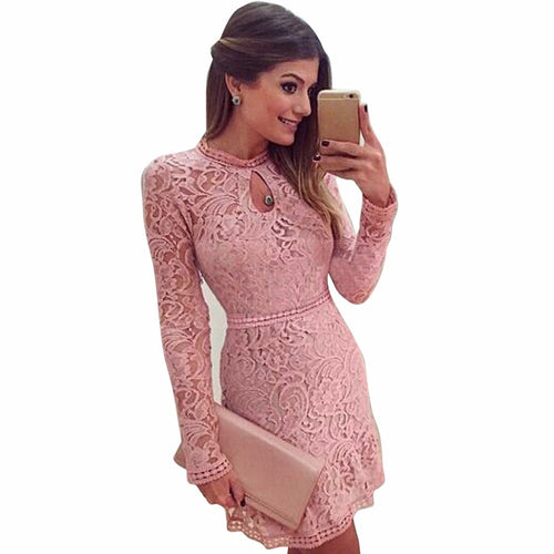Vestidos Women Sexy Lace Club Dress O-Neck Sleeve Pink Evening Party Dresses Vestido de festa Brasil Trend IMY66