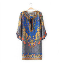 Vintage Bohemian Women 3/4 Sleeves National Wind Pattern Print Loose Casual Dress Blue&Pink IMY66