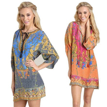 Vintage Bohemian Women 3/4 Sleeves National Wind Pattern Print Loose Casual Dress Blue&Pink IMY66
