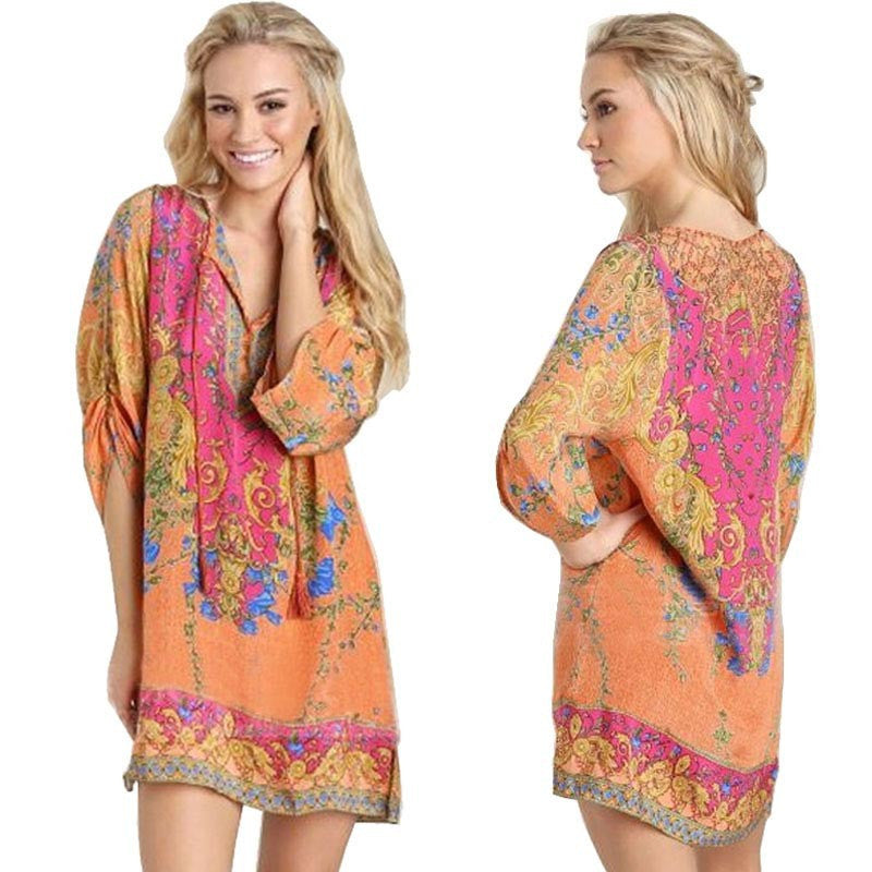 Vintage Bohemian Women 3/4 Sleeves National Wind Pattern Print Loose Casual Dress Blue&Pink IMY66