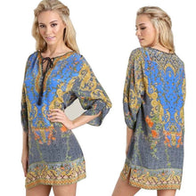 Vintage Bohemian Women 3/4 Sleeves National Wind Pattern Print Loose Casual Dress Blue&Pink IMY66